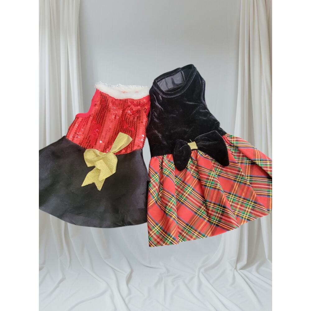2 Christmas Holiday Party Dog Dress Red Black Sequin Velvet Bows Size‎ Small